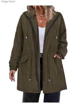 Plus Size Waterproof Long Raincoat Hooded Windbreaker Jacket with Pockets